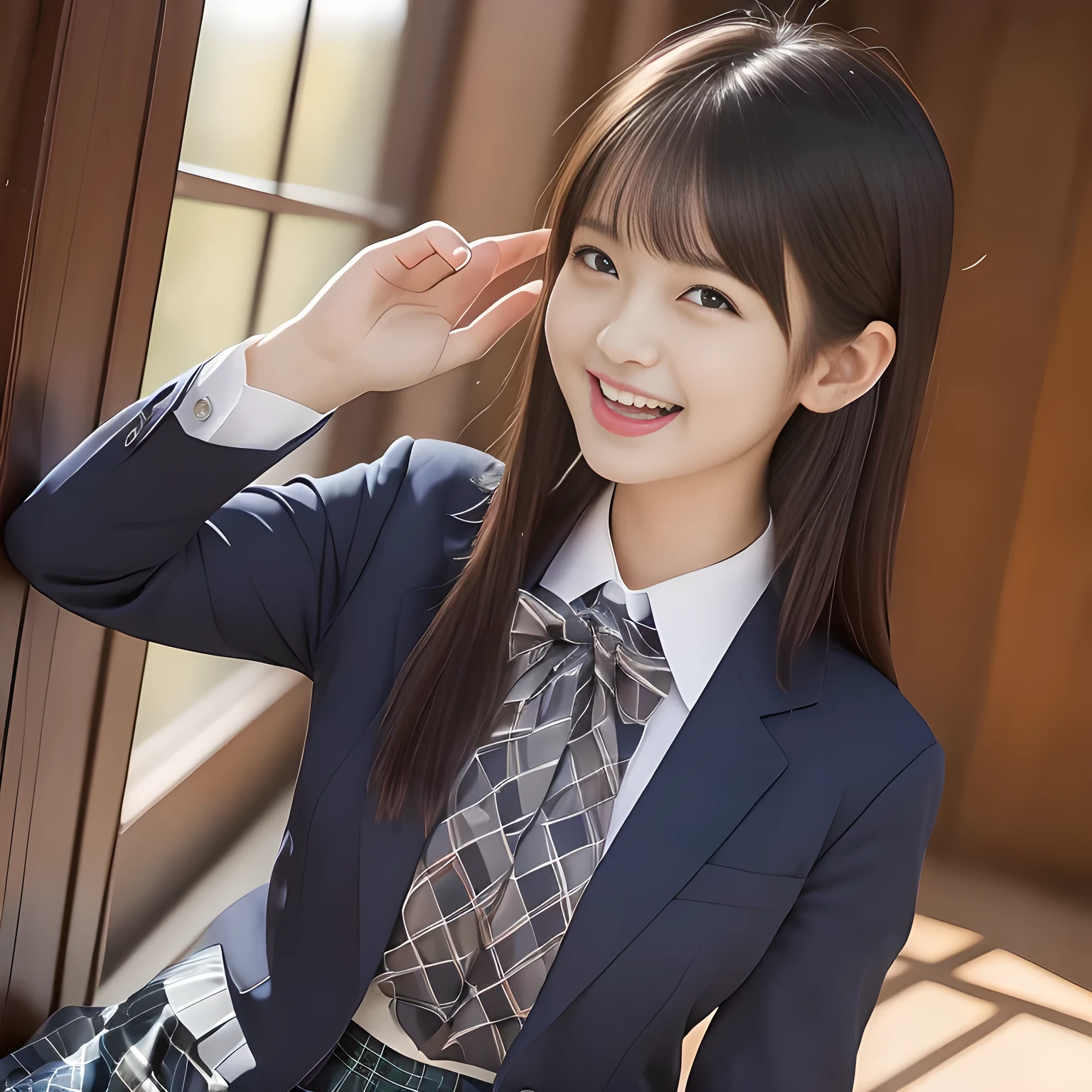 (Highest quality, masterpiece:1.2), Highest quality, High resolution, 1080P, 8k, height: 165cm, ((A noble and intelligent succubus who looks like a best proportion Japanese young lady is giggling while magically hypnotizing the viewer)), ((So sweet, very noble, cute and pretty Japanese beautiful cute girl)), ((A real, very girly, sweet, cute and noble girl)), ((((A smiling beautiful Japanese cute fashion model)))), ((((Very pure white face and limbs)))), Glossy Lips, (Evenly cut bangs), ((Very beautiful, smiling, droopy, cute, pure, noble brown eyes)), ((Super long, straight black hair that reaches the floor)), Very shiny, Glossy Lips, Open hand over open mouth, Beautiful straight hair like a hair model, Watch and laugh at your audience, ((Incredibly well organized, Rich facial expressions. Plump and beautiful white skin and face)), ((Pure, clear, gentle smiling brown eyes)), ((Smile at me)), Glossy Lips, ((noble and elegant)), ((As the succubus charms you with her magic and giggles)), ((((Succubus is fascinating, calling to the depths of eternity)))), Very beautiful blue skirt, ((Large upward-curving lips)), ((Look directly at the viewer)), White Hand, (((Navy Japanese school blazer with noble emblem))), ((Navy and sapphire blue Japanese school uniform)), ((Tartan check pattern pleated long skirt)), ((Blue string ribbon tie)), ((((An ecstatic expression of boundless joy)))), ((fantastical white garden background)), tongue, (((Promotional image of shampoo and hair conditioner)))