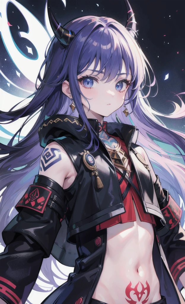 masterpiece, Highest quality, One boy, (colorful),(Delicate eyes and face),Highly detailed CG Unity 8k ,Black Leather Coat,Tribal tattoos from shoulder to arm,A single horn grows from its forehead,Unarmed Fighter,ghost
