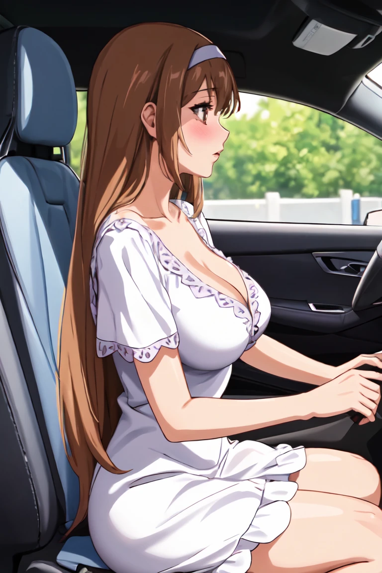 Ayumumo, One girl, alone, hair band, meanwhile, White Dress, Dress Lift, Sitting, blush, Lips parted, Cleavage, View your viewers, Inside the car, From the side  