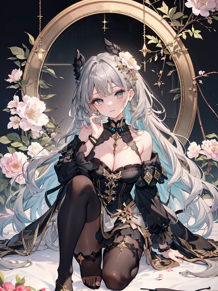 Vivid、8k,High resolution RAW color art, animation,Sculpture, Silver Marble Skin, (((Highly detailed elegant))), Magical atmosphere, Detailed skin, texture,(Exquisitely crafted, The finer details, Ultra-detailed art), Depth of written boundary, Silky Touch, Hyper Detail, White Background、Beautiful Eyes, Elegant face, Ivory Rose, eye shadow、(Highest quality:1.2, High detail, masterpiece:1.2, Best aesthetics), (1 Girl), Beautiful woman, Beautiful attention to detail, Beautiful lip detail, Highly detailed face, Delicate depiction of hair and eyes, Detailed Fashion, Aqua Eye, Earrings, Slightly larger breasts,Full body depiction, ,Focus on the user、Beautiful black off-shoulder top、Beautiful black above the knee skirt、Tights up to the knee、Thighs、Gold decoration, Black nails, (((Gray Hair))), Gold bracelet, Long Straight Hair, Light blue inner hair、Hair、Red cheeks、Looking up、evening、Cherry Blossom、Fluttering clothes,