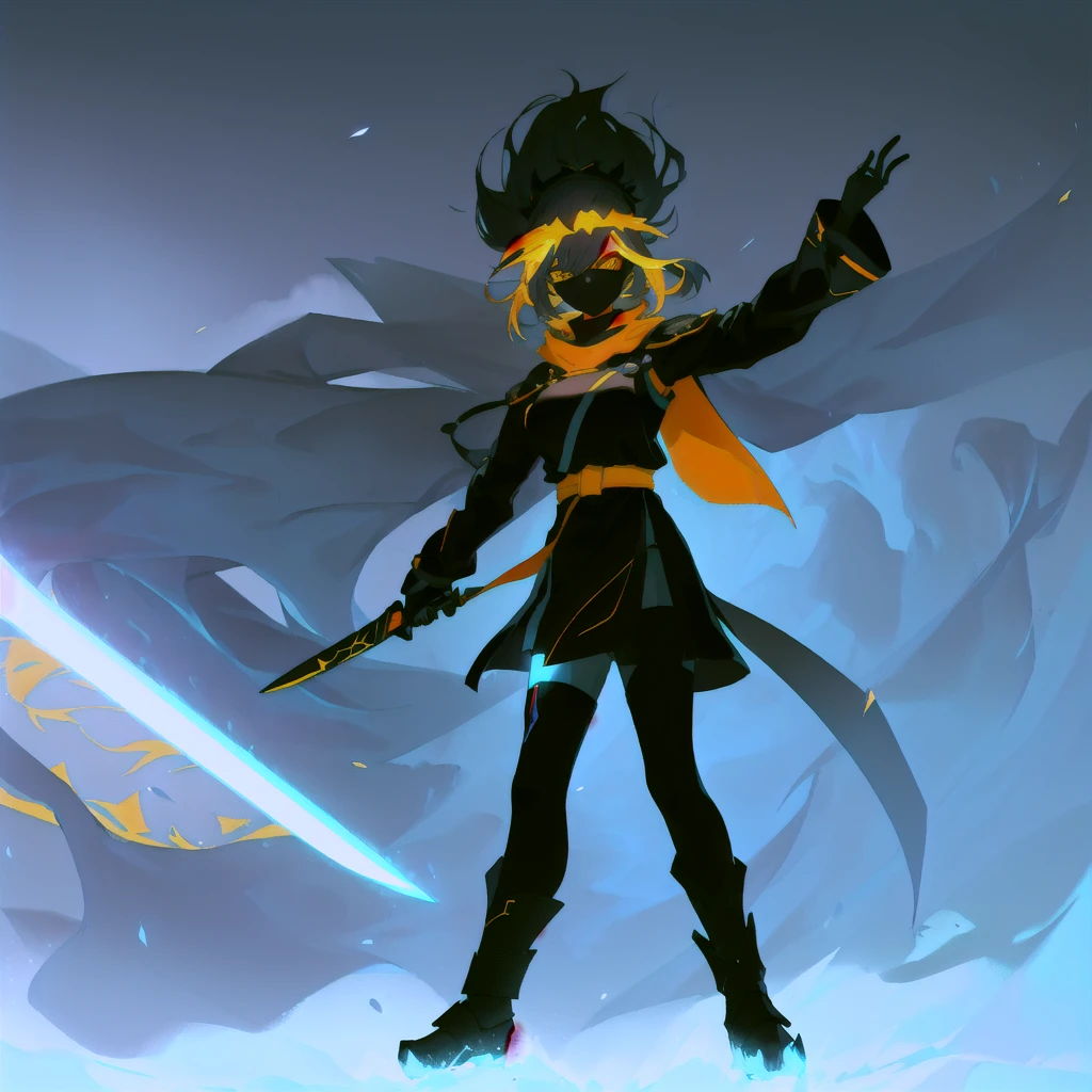 1girl, cartoon of a person, style of duelyst, pyre, she is holding a blade, mystic ninja, videogame still, hero 2 d fanart artsation, yellow cape, glowing white eyes, messy hair, humanoid, dark silhouette, orange pattern, yellow headband, yellow belt