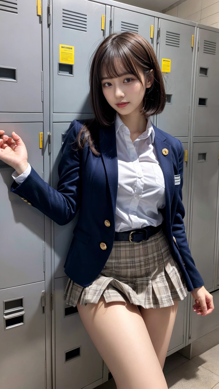 masterpiece, best quality, illustration, Super detailed, fine details, High resolution, 8K,wall paper, perfect dynamic composition,(Details High quality, realistic depiction of eyes:1.3),locker room、High school girl uniform、blazer 、Super Short Check Uniform Skirt、Navy blue high socks、garterbelts、Disturbed uniform,  short bob hair, black hair color, huge breasts, Big Natural Color Lip, bold sexy pose, (perfect body shape), crying a little、Harajuku style、20 year old girl、 beautiful legs, hposing Gravure Idol, Voluptuous thighs