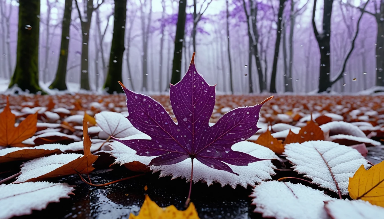 light purple leaves,winter leaves, magical round leaves leaves falling, snow is falling thinly,nature documentry footage, youtube video screenshot, today's featured photography 4k, autumn rain turkel, nature photography 4k, november, cinematic widescreen shot, leaves and magic, high quality screenshot, 2 0 2 1 cinematic 4 k framegrab, wide screenshot