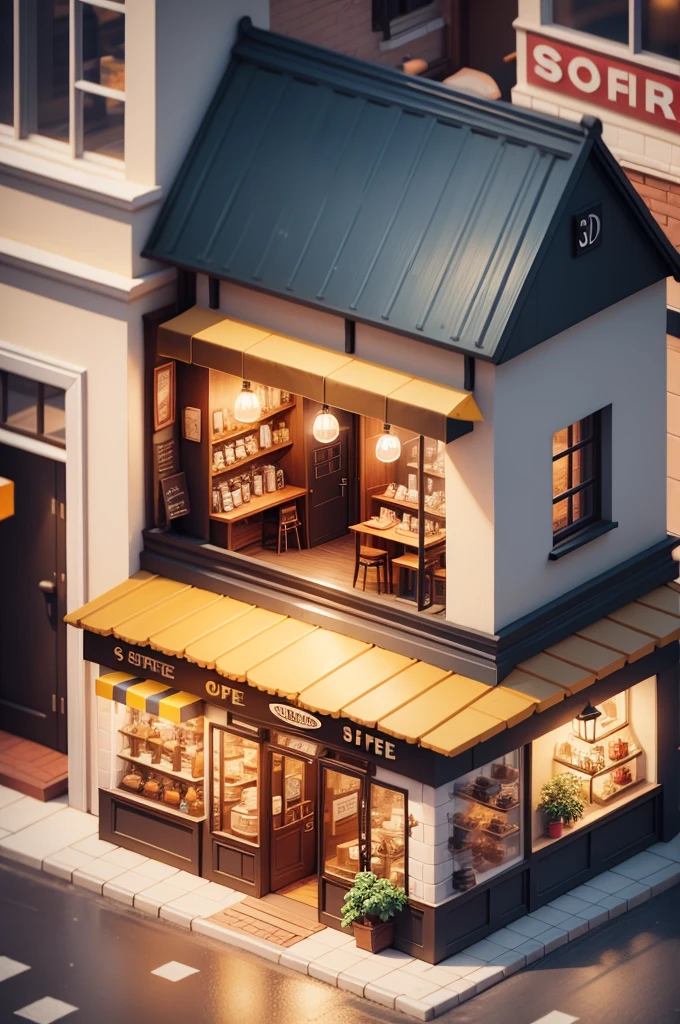 Small building in coffee shop,There are coffee signs and street lights, Isometric Art, 3D Isometric, Isometric pixel art,Isometric style