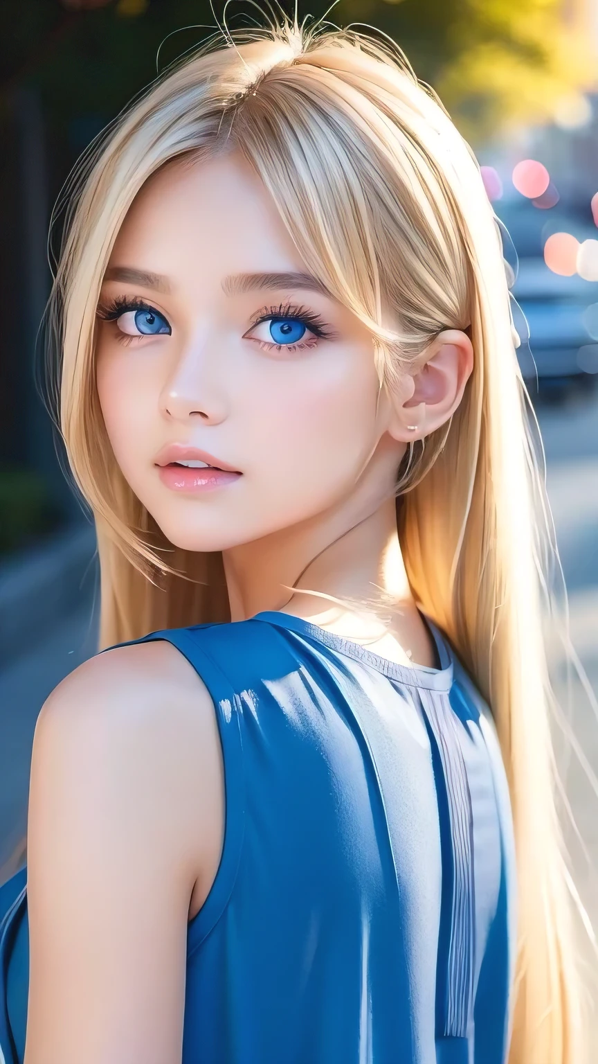 Very beautiful face、A beautiful blonde girl with a stunning beauty、Super Long Hair、windy silky blonde super long hair、Swinging bangs that block the view、Cute sexy 16 year old blonde girl with light blue eyes、Hair above the eyes、片Hair above the eyes、Hair between the eyes、Big bright light blue eyes that shine so beautifully、eyeliner、Bright expression、Cheek gloss highlighter、Round face