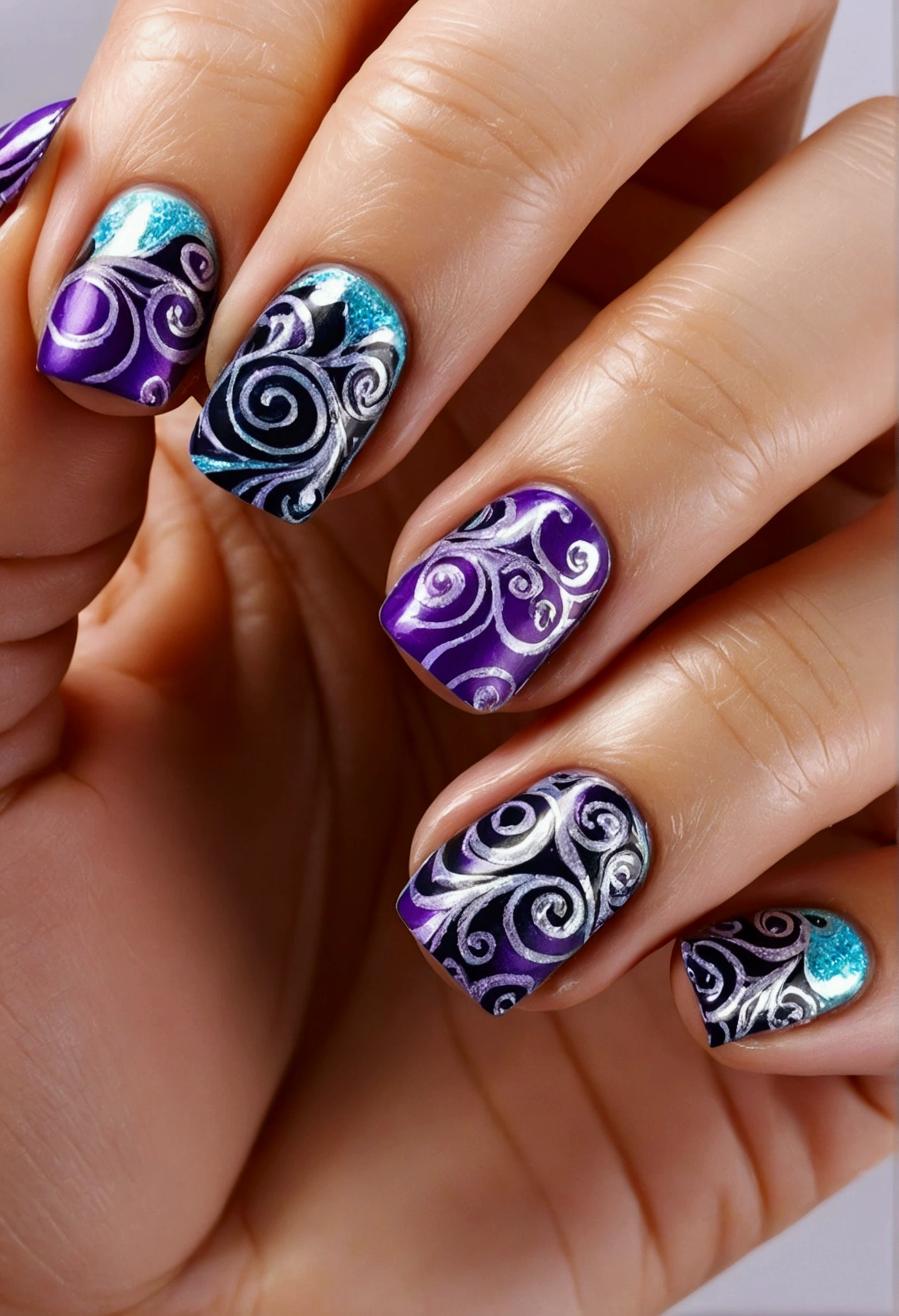 Perfect hands with beautiful decorated nails, High definition, swirly vibrant colors, Radiant skin, nail design