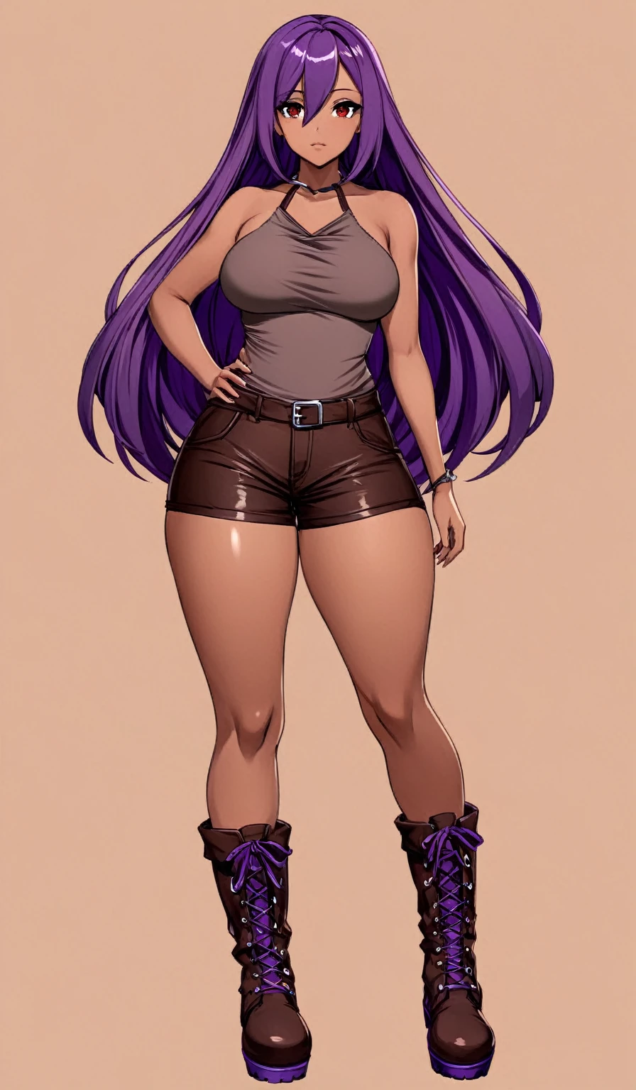 Red eyes brown skin, halter top, shorts, long purple hair, 1 girl, breasts big, big haunches, long hair between the eyes, gazing at viewer, standing alone, whole body, standing, purple hair boots