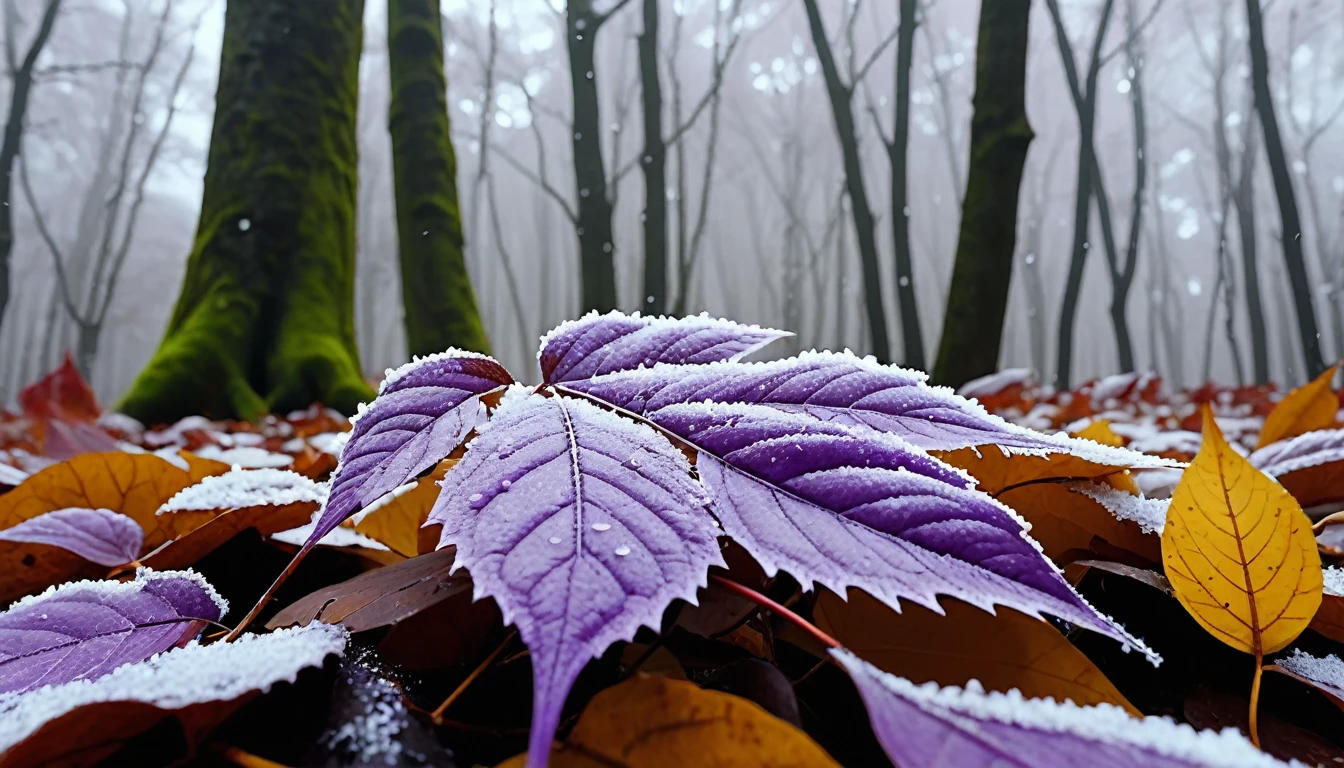 light purple leaves,winter leaves, magical round leaves leaves falling, snow is falling thinly,nature documentry footage, youtube video screenshot, today's featured photography 4k, autumn rain turkel, nature photography 4k, november, cinematic widescreen shot, leaves and magic, high quality screenshot, 2 0 2 1 cinematic 4 k framegrab, wide screenshot