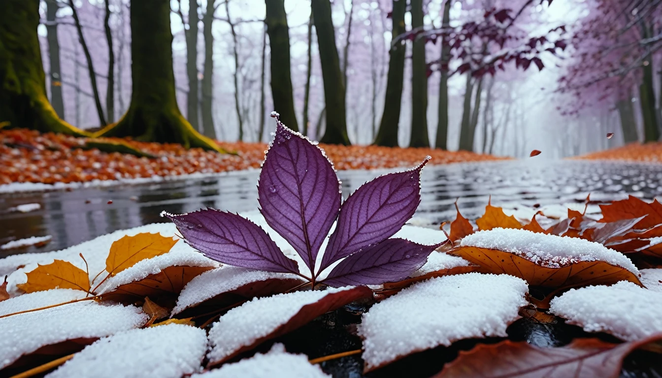 light purple leaves,winter leaves, magical round leaves leaves falling, snow is falling thinly,nature documentry footage, youtube video screenshot, today's featured photography 4k, autumn rain turkel, nature photography 4k, november, cinematic widescreen shot, leaves and magic, high quality screenshot, 2 0 2 1 cinematic 4 k framegrab, wide screenshot