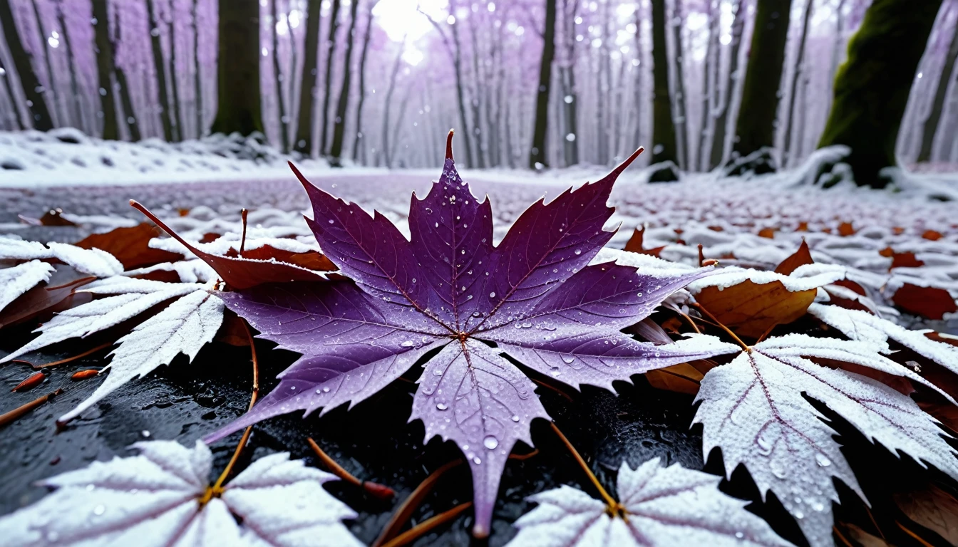 light purple leaves,winter leaves, magical round leaves leaves falling, snow is falling thinly,nature documentry footage, youtube video screenshot, today's featured photography 4k, autumn rain turkel, nature photography 4k, november, cinematic widescreen shot, leaves and magic, high quality screenshot, 2 0 2 1 cinematic 4 k framegrab, wide screenshot