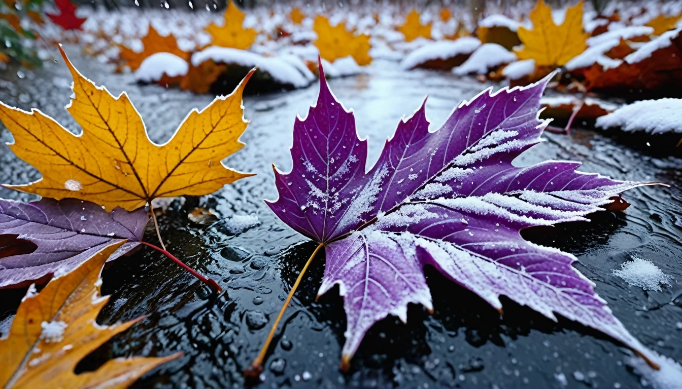light purple leaves,winter leaves, magical round leaves leaves falling, snow is falling thinly,nature documentry footage, youtube video screenshot, today's featured photography 4k, autumn rain turkel, nature photography 4k, november, cinematic widescreen shot, leaves and magic, high quality screenshot, 2 0 2 1 cinematic 4 k framegrab, wide screenshot