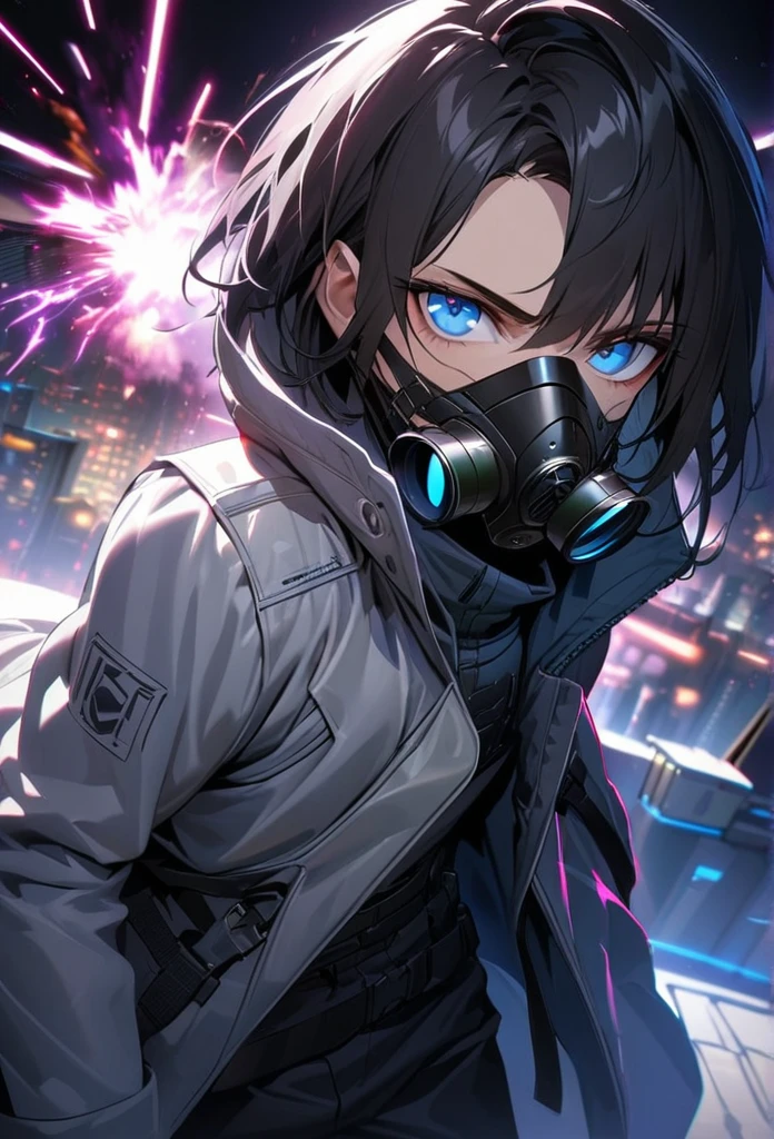 absurdres, highres, ultra detailed, HDR, master piece, best quality, extremely detailed face and eyes, black hair with short  bangs, handsome,hair between the eyes, expressive blue eyes, solo, sexy man, handsome, 25
years old,silver coat, black pants, moon, Cyber Punk,gas mask,background snow mountain city,Man shooting automatic rifle, (muzzle explodes:1.2), (looks into sight), finely drawn automatic rifle, (turn towards the viewer), syncs body orientation and gaze, dynamic angle, serious expression, battle