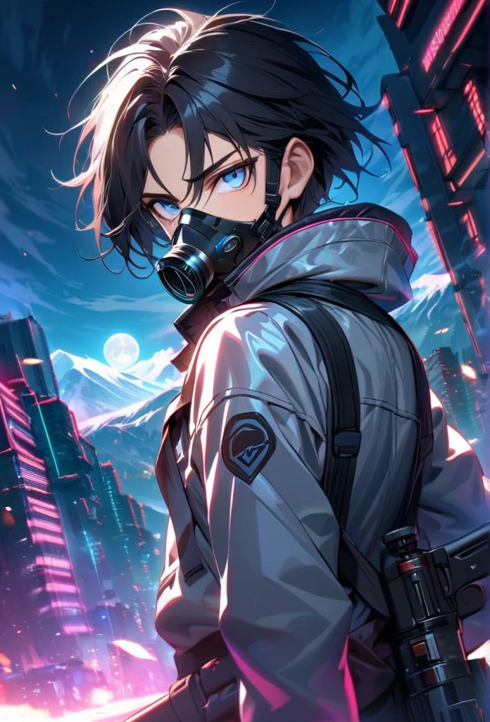 absurdres, highres, ultra detailed, HDR, master piece, best quality, extremely detailed face and eyes, black hair with short  bangs, handsome,hair between the eyes, expressive blue eyes, solo, sexy man, handsome, 25
years old,silver coat, black pants, moon, Cyber Punk,gas mask,background snow mountain city,Man shooting automatic rifle, (muzzle explodes:1.2), (looks into sight), finely drawn automatic rifle, (turn towards the viewer), syncs body orientation and gaze, dynamic angle, serious expression, battle