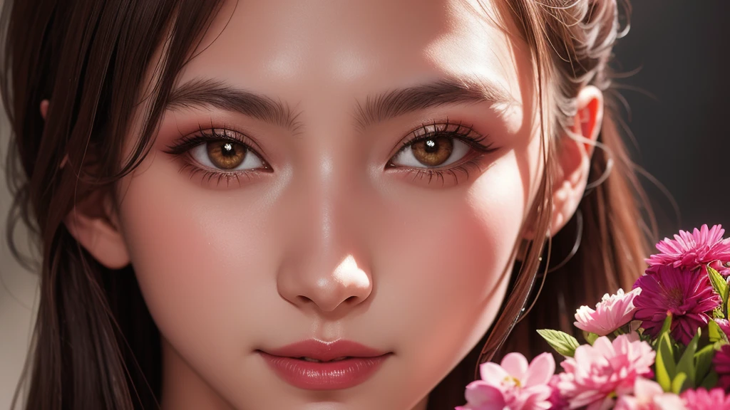 (masterpiece, best quality:1.4), solo, A stunning portrait close-up of a lady holding a bouquet of vibrant flowers, her kind and beautiful eyes gazing directly at the viewer. Rendered in exquisite detail with Schneider pastel inks, the soft and delicate strokes bring the image to life. The pastel colors add a touch of softness and the overall effect is simply breathtaking.