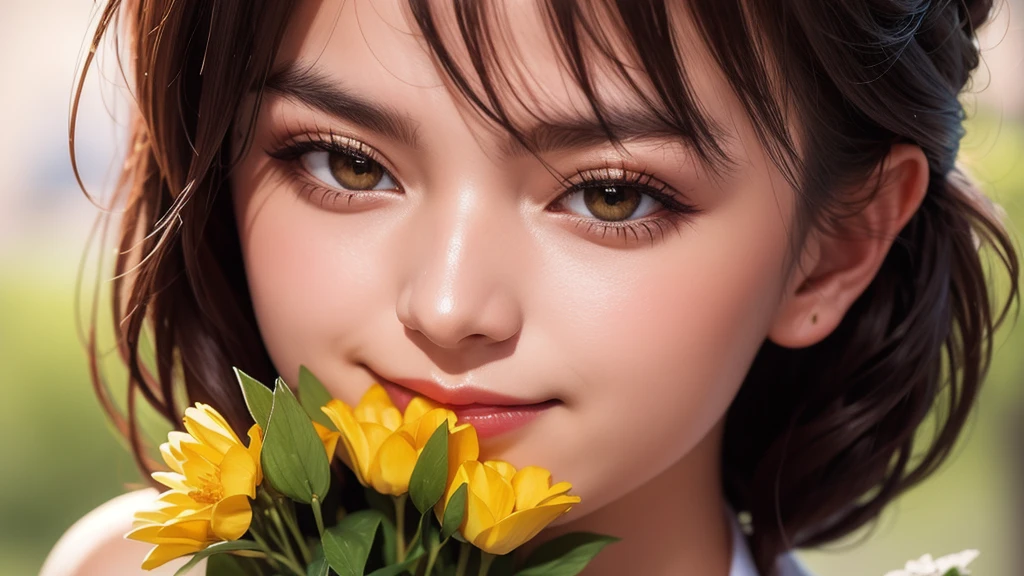 (masterpiece, best quality:1.4), solo, A stunning portrait close-up of a lady holding a bouquet of vibrant flowers, her kind and beautiful eyes gazing directly at the viewer. Rendered in exquisite detail with Schneider pastel inks, the soft and delicate strokes bring the image to life. The pastel colors add a touch of softness and the overall effect is simply breathtaking.