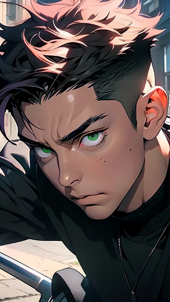 highest quality, 8K, high resolution image, anime style Jujutsu Kaisen, (Ryomen Sukuna), detailed strokes, bored look , blurred, purple light reflecting from it, (close angle), 1 man, young, male, model, hand in pocket, cool guy, multicolored Background with various geometric shapes, around stickers, muscular, dark pink hair, spiky hair , short Hair, swollen chest, green Eyes, withe shirt, black sweater, sweatpants, Background: big City, Streets, Park, People, blue sky, Cars, Bike