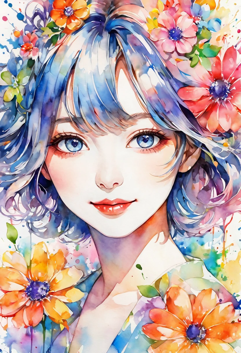 beautiful lady portrait, cute smile, Sylvia Pelissero watercolors, colorful flowers, beautiful eyes, upper body, abstract art, intense watercolor, watercolor detailed art, watercolor splash, surreal, avant-garde pop art, Beautiful and expressive paintings, Beautiful artwork illustration, very colorful tones, wonderful, cool beauty, highest quality, official art, women only, sharp outline, best shot, vector art, lips in love、 (((The strongest beautiful women of all time))), (((Japanese)))、clear, (((highest quality))), lips in love, HDR, ((Detailed details)), stylish fashion, detailed clothing texture, (((graffiti art))), colorful hair, ((masterpiece))、((Super detailed))