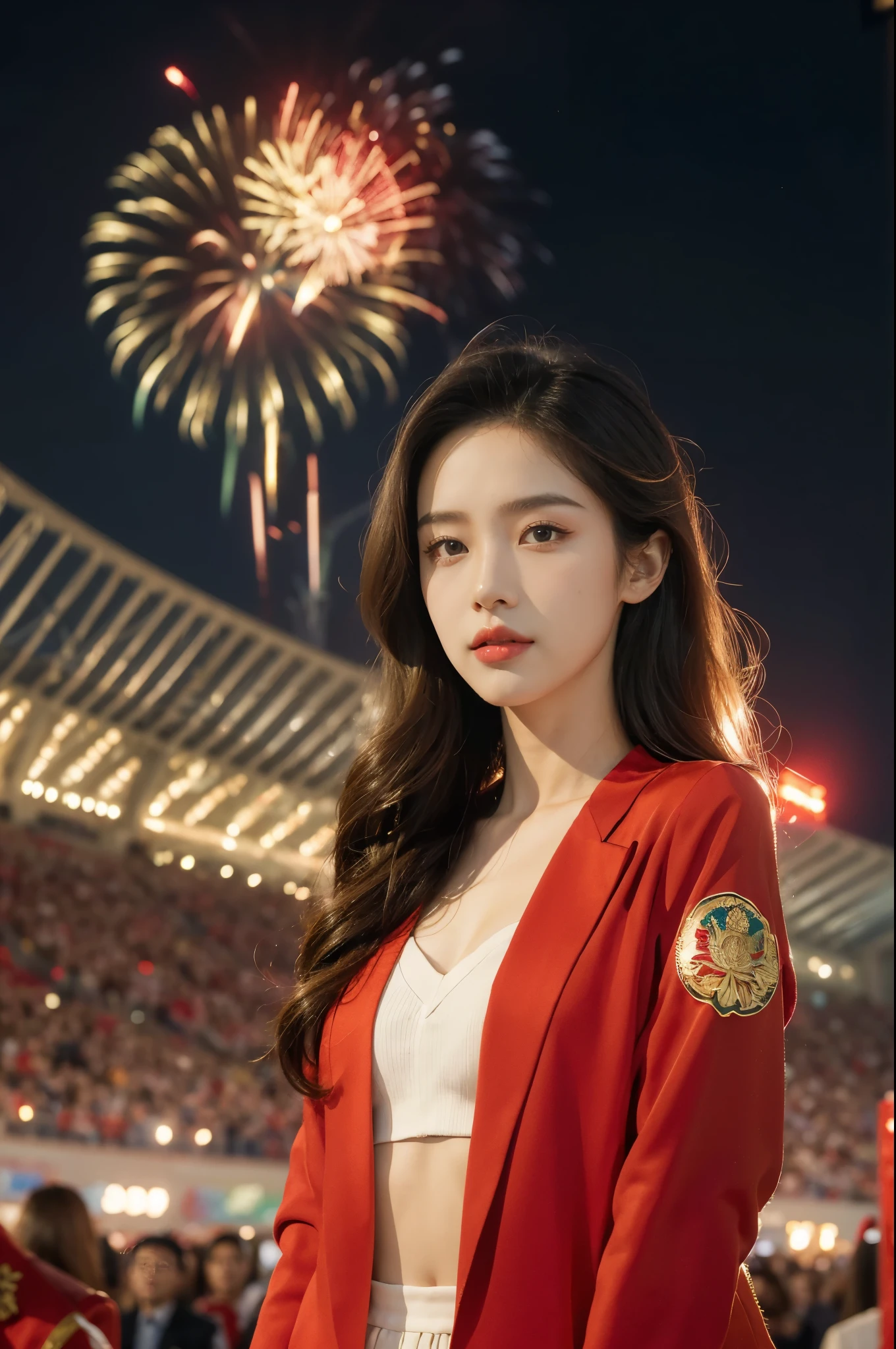 (((best quality))),(((ultra detailed))),(((masterpiece))),illustration, ((Olympic Opening Ceremony,in Paris,summer night,magnificent National stadium of France,Olympic flame, fireworks)),(crowded crowds of enthusiastic spectators:1.3),((a beautiful Chinese girl,solo)),((shoulder length straight hair:1.2)),((slim,thin)),((small breasts,flat chest)),(red blazer:1.5),(underneath the blazer was yellow dress:1.2),(slender legs:1.2),excited expression, awe, celebrating, electric atmosphere, sense of pride, excitement, playing field, crowd energy, unity, camaraderie, representing China, historic event, memorable moment,((from front,upper body))