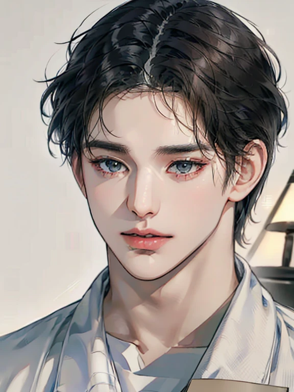 (best quality digital art digital illustration 4k high resolution beautiful image hyper-detailed image perfect lines soft lighting night environment focus face soft zoom) (1:1 photorealistic) (neutral colors hdr 1.4) a young adult man (thoughtful expression) black and white modern clothes black eyes medium black hair