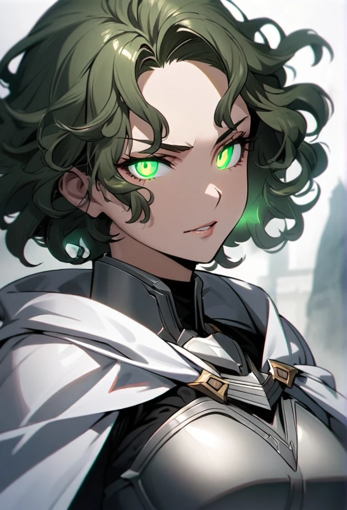 Girl, short hair, curly hair, green eyes, white cloak, grey armor, cool, glowing eyes, mature