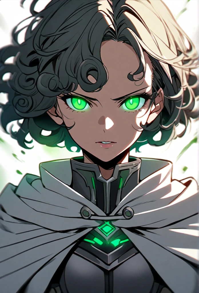 Girl, short hair, curly hair, green eyes, white cloak, grey armor, cool, glowing eyes, mature