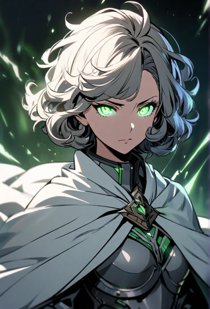 Girl, short hair, curly hair, green eyes, white cloak, grey armor, cool, glowing eyes, mature
