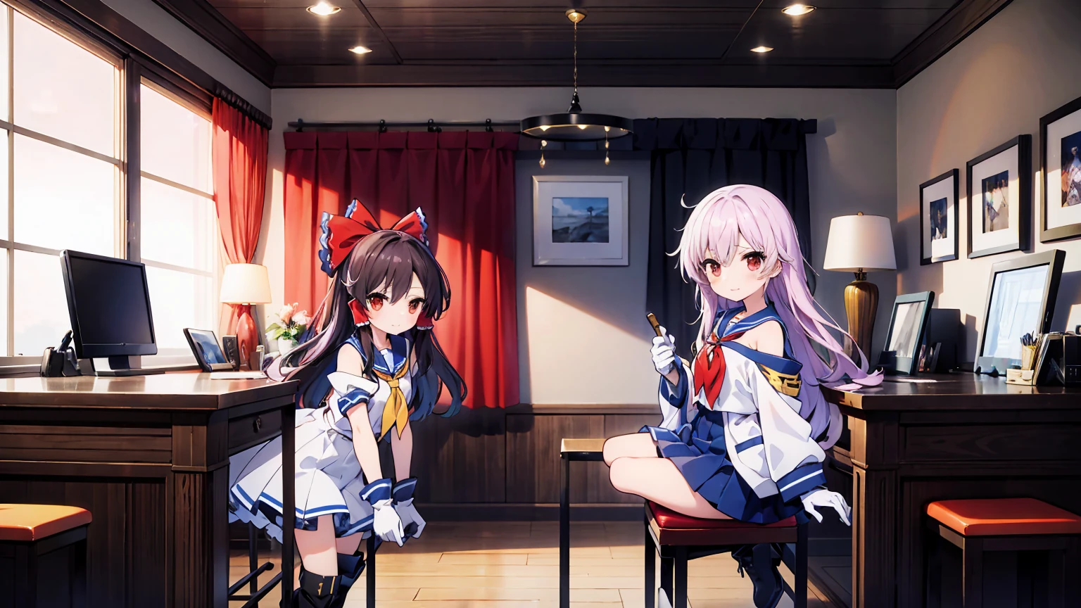 Two Girls、、Reimu Hakurei、Marisa Kirisame、Character Name: Javelin Game: Azur Lane Appearance: Javelin has long purple hair. She is wearing a white and blue sailor uniform with a black neckerchief. She is also wearing white gloves and boots. Personality: Javelin is a cheerful and energetic person who loves to fight. She is also a bit of a tomboy and can be a bit clumsy. Abilities: Javelin is a powerful destroyer who can deal a lot of damage to enemies. She is also able to fire torpedoes that can deal even more damage. Additional details Javelin is one of the most popular characters in Azur Lane. She is often depicted in fan art and cosplay. Javelin is also the mascot of the Japanese destroyer Javelin (DDG-152). The three members of Uni-winged、table