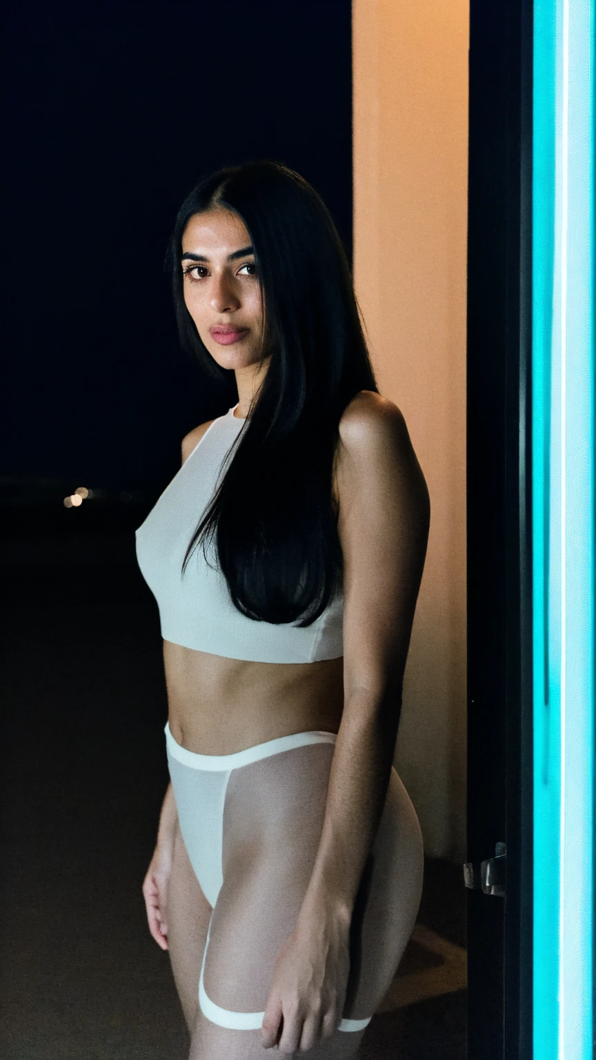 RAW photo,flash,hazy atmosphere,35mm focal lenght,fashion shoot,candid photograph,artistic,photograph of a beautiful,influencer,30yo Iranian woman,detailed skin,fully naked,looking at viewer, candid pose,standing outside,midnight,dark,flash photo,blue light, film grain, kodak color, instagram LUT