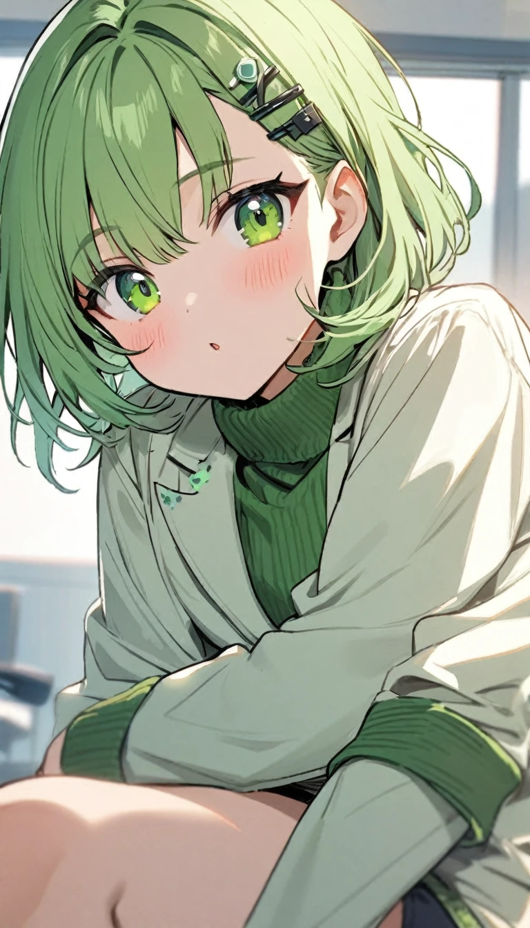 1boy , short green hair , hair clips , , light green sweater with white blazer on top , green watch