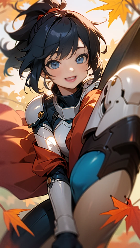 One girl、alone、Anime-style paintings、Sparkling Blue Eyes、Black Hair、ponytail、armor、Blue bodysuit、boots、Fits perfectly to the skin、skirt、thigh boots、Knee socks、Upper body close-up、smile、Laughing with your mouth open、Perfect lighting、Autumnal leaves々、Momiji Park、Background Blur, Written boundary depth