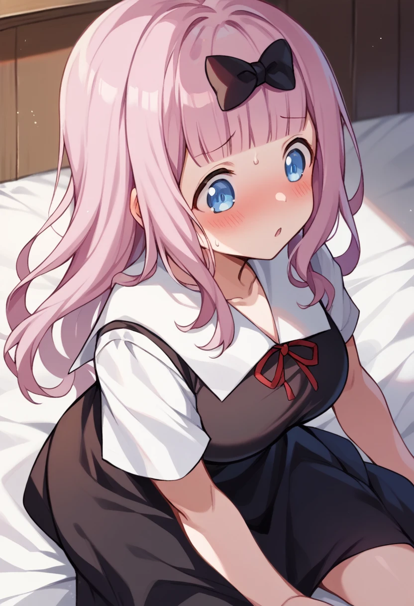 ((masterpiece)), (Highest quality), (detailed), (1 girl),,,bed、Large Breasts、blush、Nude、Staring at a huge penis、chika fujiwara、Pink long hair、srimk、surprise:0.5、chika, blue eyes, pink hair, hair bow, black bow, black dress, white sailor collar, neck ribbon, red ribbon, short sleeves, white shirt