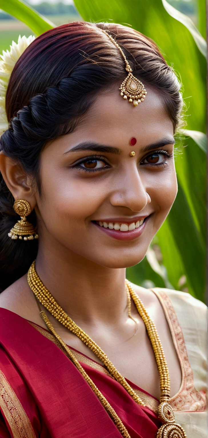 Close up, 24 year old indian woman, Bridal Red silky satin saree, White skin, long dense braided hair, Corn forming Fields landscapes background, ultra realistic, realism, cute, charming, day time, tattooed body, medium height, big eyes, pure Indian style saree, ambient lighting, perfect anatomy, detailed body and face, 8K, Masterpiece, RAW photo, Best quality, Photorealistic, Extremely detailed CG Unity 8K wallpaper, Noval Showing, Most Beautiful smile, ((smile:1.2)), very hot look eyes, Beautiful Smile 