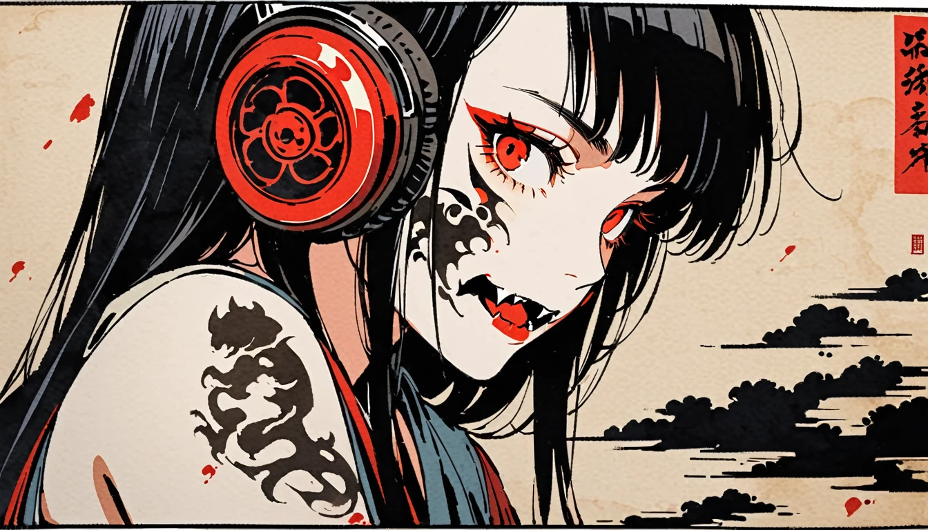 Ink Painting, (((1 person))), (((Tattoo on face))), (((Bare your fangs))), Japanese style headphones, Beautiful girl possessed by a demon, Black Hair, Red eyes, Delicate and precise, Modern ukiyo-e style