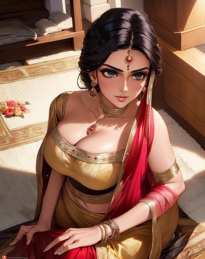 (masterpiece, best quality) (hyper realistic, 8k), Indian most beautiful super rich wife aging around 19, going through mid life crisis ((if she does seek some intimacy from her husband, he finds it odd as he is used to his wife being ‘busy’ in the household chores. The woman finds herself in a situation where she feels ‘un-needed’ and deserted. She has no career to fall back on and the people whom she had kept in the ‘center-of-her-universe’ no longer do the same for her. This existential distress is very unnerving and it is possible that being in a ‘sick-role’, and its resultant resumption of attention towards her from the family helps validate her ‘importance’ and hence reassuring. Additionally, an excess of free time available in this stage of life – provides opportunity for brooding and ruminating.)), Expressions showing disappointment and wondering what to do in life, sitting alone in sophisticated super rich mansion, eyes staring at something on ground unitntionally, wearing plane solid colour saree and blouse, heavy , healthy chubby body, tied up hairs, lost in own thoughts, full body shot, shot from front at a far distance, beautiful limbs, beautiful mature face, depth of field, noise offset, cannon 5d mark IV, low brightness, super horny, naked, bigbreast, pink vagina, pink hard nipples on breast, breast naked, full body naked, having sex with dioldo, golden hairs,