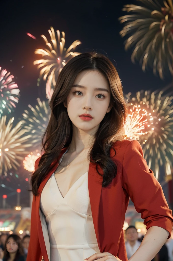 (((best quality))),(((ultra detailed))),(((masterpiece))),illustration, ((Olympic Opening Ceremony,in Paris,summer night,magnificent National stadium of France,Olympic flame, fireworks)),(crowded crowds of enthusiastic spectators:1.3),((a beautiful Chinese girl,solo)),((shoulder length straight hair:1.2)),((slim,thin)),((small breasts,flat chest)),(red blazer:1.5),(yellow dress:1.2),(slender legs:1.2),excited expression, awe, celebrating, electric atmosphere, sense of pride, excitement, playing field, crowd energy, unity, camaraderie, representing China, historic event, memorable moment,((from front,upper body))