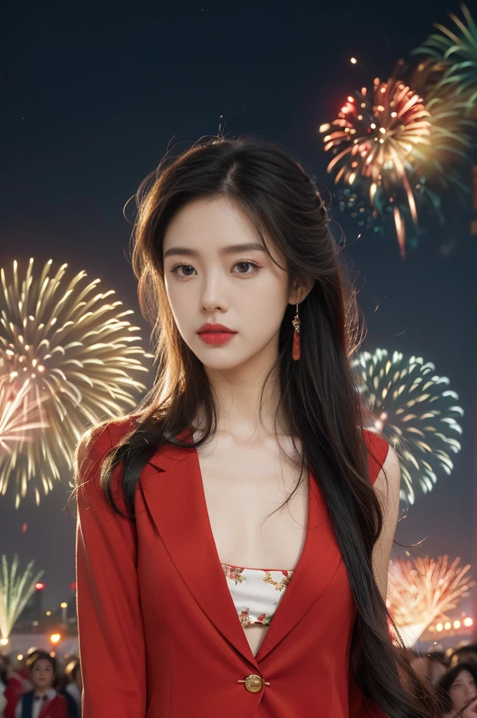 (((best quality))),(((ultra detailed))),(((masterpiece))),illustration, ((Olympic Opening Ceremony,in Paris,summer night,magnificent National stadium of France,Olympic flame, fireworks)),(crowded crowds of enthusiastic spectators:1.3),((a beautiful Chinese girl,solo)),((shoulder length straight hair:1.2)),((slim,thin)),((small breasts,flat chest)),(red blazer:1.5),(yellow dress:1.2),(slender legs:1.2),excited expression, awe, celebrating, electric atmosphere, sense of pride, excitement, playing field, crowd energy, unity, camaraderie, representing China, historic event, memorable moment,((from front,upper body))