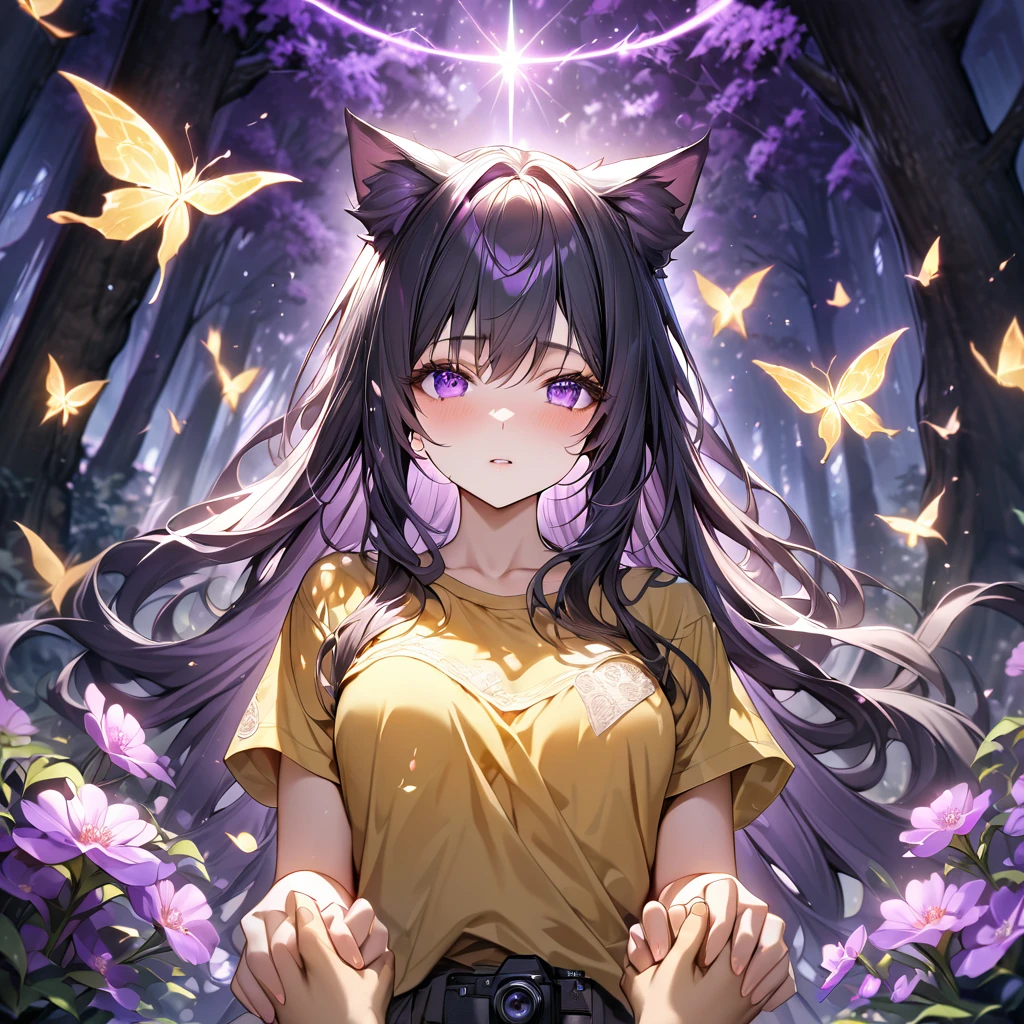 Medium boob, long hair, Girl with yellow tshirt, cat ears, forest,purple dark light, absurdres, highres, ultra detailed, HDR, master piece, best quality, black hair, expressive purple eyes, magical, fantasy, shining, purple flowers, blossoms, yellow butterflies, medium shot, holding hand a man close up camera first person view