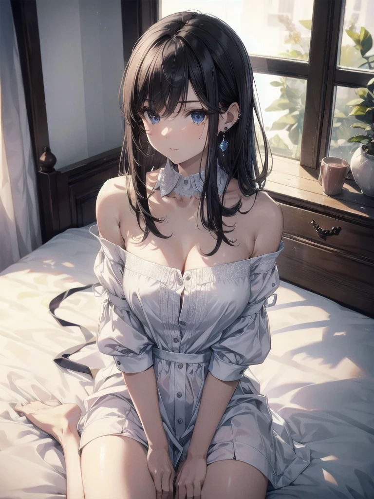 absurdres, RAW photo, extremely delicate and beautiful, masterpiece, Best Quality, ultra high resolution, 32k, hyperrealistic, ultra-detailed, perfect ???????, super Detailed skin, perfect figure, Super Beauty, Perfect Style, Perfect balance, in her 20s, very small head, very small face, delicate facial features, tearful mole, earring, huge round ???????, legs, medium hair, full body shot, ???? one shoulder, collared shirt, bed, indoor,