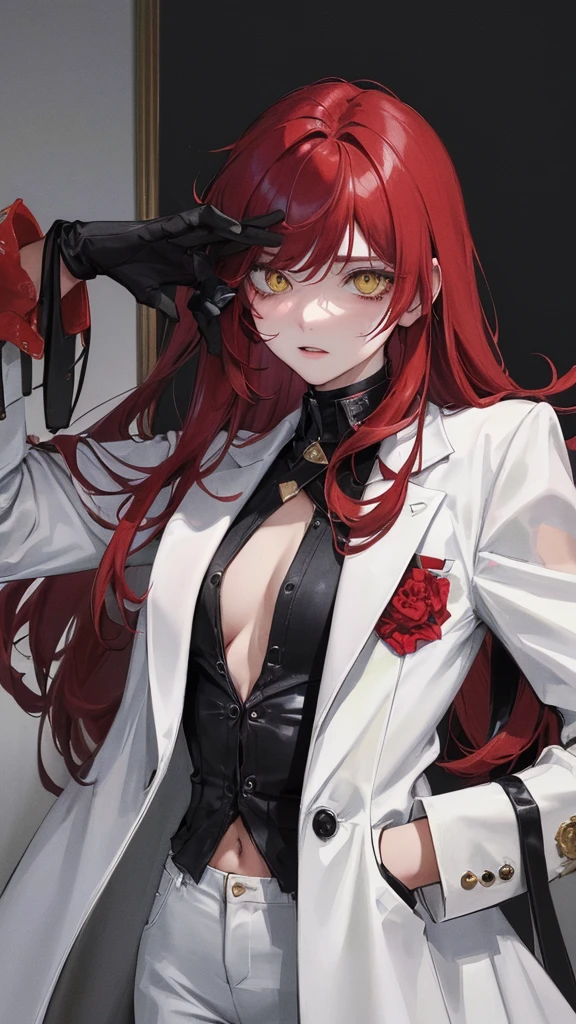 (Top resolution、Distinct_image)top-quality、A girl、​masterpiece、highly detailed, half body, Semi-realistic、Yellow eyes 、18year old、dark red hairs ,young 、Exquisite facial features、Facial features ,variation potrait, injured, long  hairstyles, zl apocalypse, teenage, cool , cold sharp eyes, An expression of despair., Torn clothes, destroyed clothes, damaged clothing, all dirty, dirty, dirt, lifeless eyes, blood on face, , {Very detailed 8k CG unit wallpaper}, Handsome, solo, female, mafia, black shirt, white pant, black gloves, white coat,