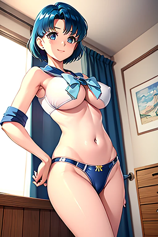 masterpiece、High resolution、high resolution、4K、8k、(((Stretch your legs and rotate your hips、Big Breasts)))、((Shiny underwear)))、Sailor Warrior Uniforms、Beautiful beauty、Light blue hair、((whole body))、(((Photo taken from below)))、School、classroom、Large Breasts、Big Breastini skirt、The color of the pants is black、Japanese、tall、Long limbs、18-year-old、Swimsuit Ami、A beautiful nose like a model、Put one hand on your hip、Natural smile、Sexy pose、Hairstyle: Short hair、Beautiful belly button