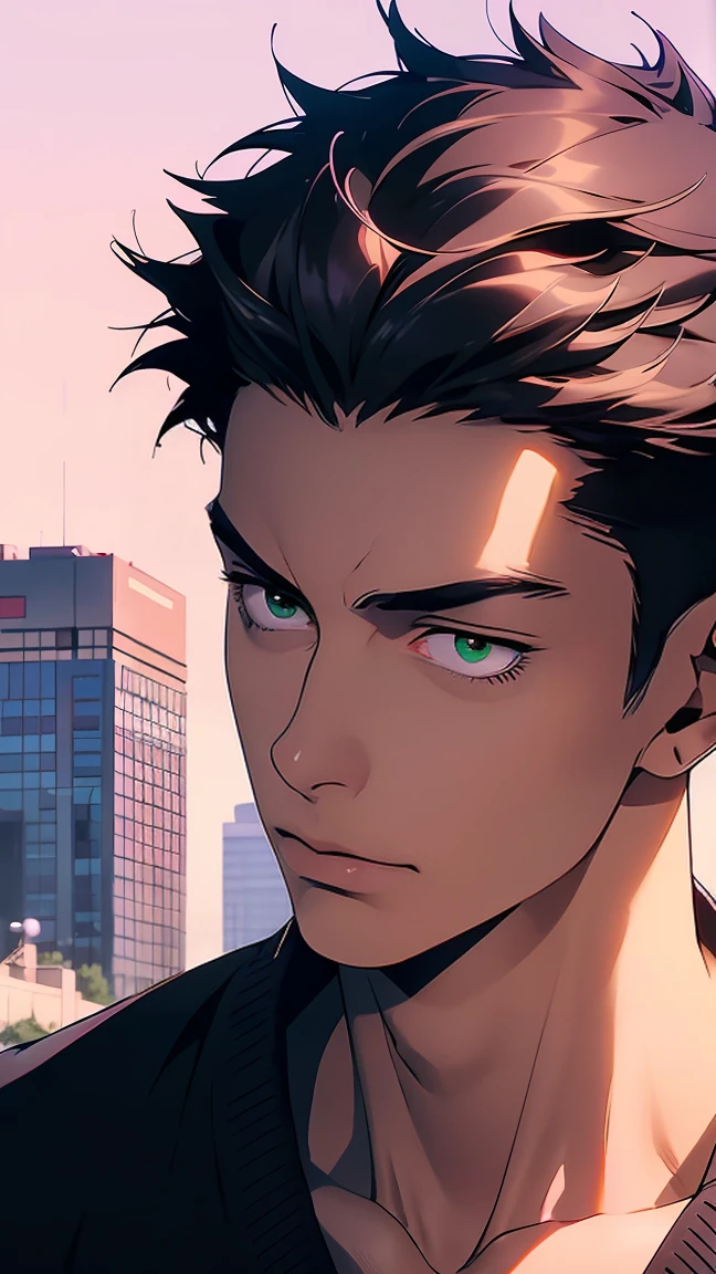 highest quality, 8K, high resolution image, anime style Jujutsu Kaisen, (Ryomen Sukuna), detailed strokes, bored look , blurred, purple light reflecting from it, (close angle), 1 man, young, male, model, hand in pocket, cool guy, multicolored Background with various geometric shapes, around stickers, muscular, dark pink hair, spiky hair , short Hair, swollen chest, green Eyes, withe shirt, black sweater, sweatpants, Background: big City, Streets, Park, People, blue sky, Cars, Bike