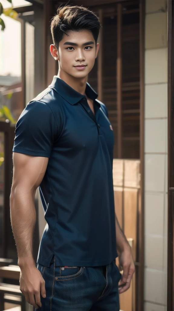 Natural light, realistic, Thai man, ทรงผมสั้น buzz cut, Handsome, muscular, big muscles, Broad shoulders, model, Wear a tight polo shirt. dark blue jeans standing smiling , outdoor outside