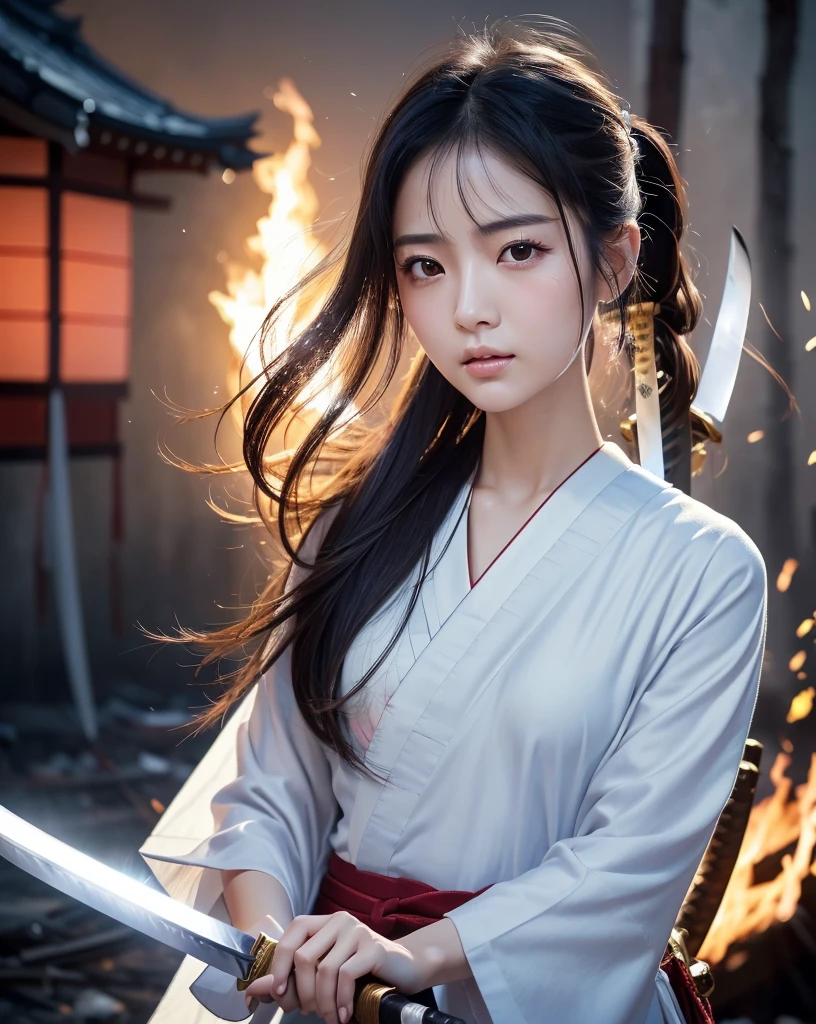 (Highest quality, 32k, High resolution, masterpiece:1.5, ), internal_jet, (Highest quality, 32k, High resolution, masterpiece:1.5, ), marimo_jet, god々A photograph with brilliant dazzling power and the power to exorcise demons.,A female samurai who uses her inner strength in her sword to exorcise darkness., Expressing emotions, Have a rich imagination, Beautiful Japanese Girls, ((Traditional Japanese street burns down:1.2)), An exceptionally beautiful face, Small Face Beauty, ((Bust Shot)), Perfect Human Anatomy, Magical big eyes, Motherhood and generosity, Deep Love, A look of conviction, Shiny black hair, Ponytail swaying in the wind, Asymmetrical bangs, Hair between the eyes, transparent, Soft white skin, Sharp eyebrows, Thin lashes, Natural Makeup, Cheek Highlighter, Detailed lips, ((Swordsman with a Japanese sword:1.4)), ((Background of a burning flame in a dark night:1.1)), Professional Lighting, Professional Photographer, Professional Model, god秘的