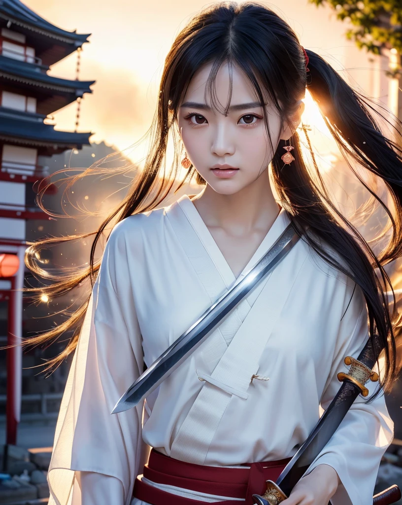 (Highest quality, 32k, High resolution, masterpiece:1.5, ), internal_jet, (Highest quality, 32k, High resolution, masterpiece:1.5, ), marimo_jet, god々A photograph with brilliant dazzling power and the power to exorcise demons.,A female samurai who uses her inner strength in her sword to exorcise darkness., Expressing emotions, Have a rich imagination, Beautiful Japanese Girls, ((Traditional Japanese street burns down:1.2)), An exceptionally beautiful face, Small Face Beauty, ((Bust Shot)), Perfect Human Anatomy, Magical big eyes, Motherhood and generosity, Deep Love, A look of conviction, Shiny black hair, Ponytail swaying in the wind, Asymmetrical bangs, Hair between the eyes, transparent, Soft white skin, Sharp eyebrows, Thin lashes, Natural Makeup, Cheek Highlighter, Detailed lips, ((Swordsman with a Japanese sword:1.4)), ((Background of a burning flame in a dark night:1.1)), Professional Lighting, Professional Photographer, Professional Model, god秘的