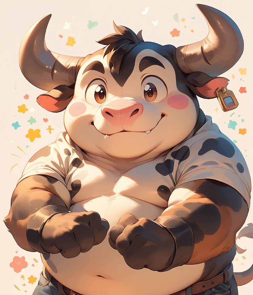 cutepets, an adorable Obese, male, anthro, bull cub, kawaii, high quality, digital art illustration, sticker art