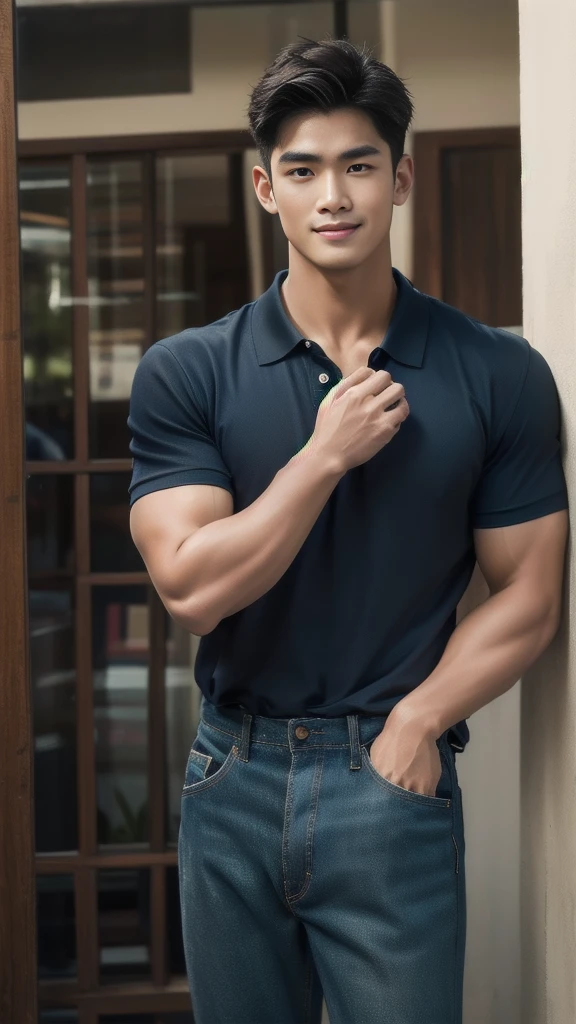 Natural light, realistic, Thai man, ทรงผมสั้น buzz cut, Handsome, muscular, big muscles, Broad shoulders, model, Wear a tight polo shirt. dark blue jeans standing smiling , outdoor outside