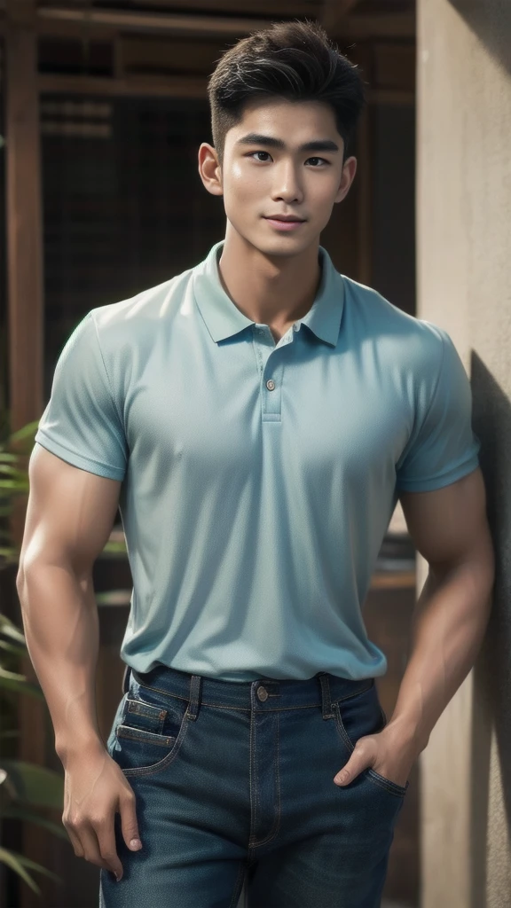 Natural light, realistic, Thai man, ทรงผมสั้น buzz cut, Handsome, muscular, big muscles, Broad shoulders, model,  Wear a tight polo shirt. dark blue jeans standing smiling , outdoor outside