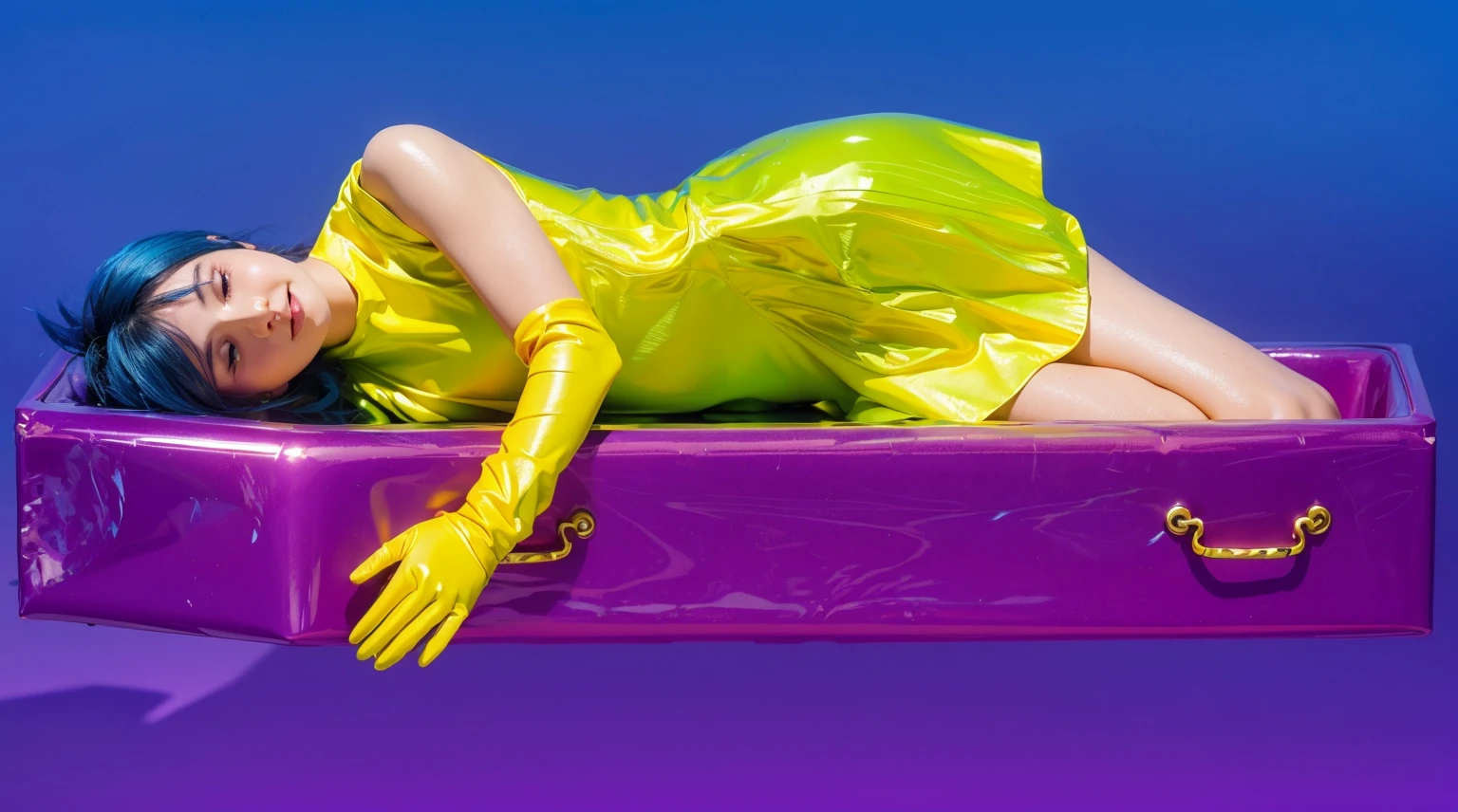 This image depicts a woman with vibrant blue hair, lying comfortably in an elongated, dark purple box. She is dressed in a bright neon green dress and yellow gloves, adding a striking contrast against the purple and blue background. Her peaceful expression and relaxed pose suggest a dreamlike or surreal scene, despite the unconventional setting of being in a box. The overall visual effect is bold and colorful, emphasizing the playful and artistic elements of the composition. effectively conveying a sense of joy and creativity.ffects render, (glossy plastic texture with multiple big light probe refractions), perfect cgi, smooth silhouette, high intensity refraction, (super glossy plastic material), most beautiful vfx, , realistic, 4k, high resolution, rim light, smooth 3d model, multiple light sources, rim light, sharp post effects render,, realistic, 4k, high resolution, rim light detailed digital art, reflective, best quality, 4k, masterpiece:1.2, ultra-detailed, realistic, vivid colors, The image of the highest quality, ensuring every detail showcased perfectly. It in 4k resolution, allowing viewers to immerse themselves in the richness of the colors and intricate details. The realistic rendering. under the spotlight, reflecting, high-resolution image, realistic rendering