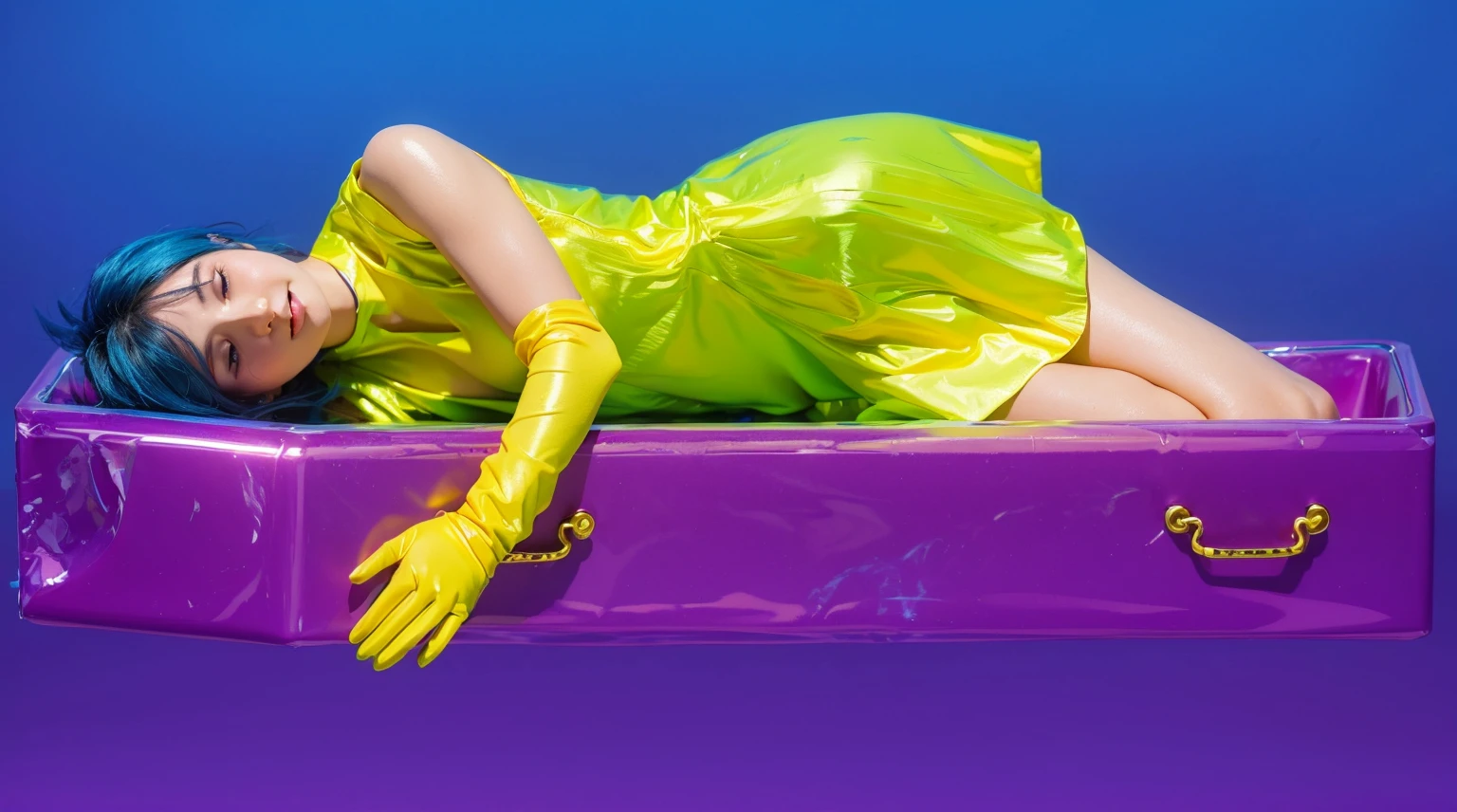 This image depicts a woman with vibrant blue hair, lying comfortably in an elongated, dark purple box. She is dressed in a bright neon green dress and yellow gloves, adding a striking contrast against the purple and blue background. Her peaceful expression and relaxed pose suggest a dreamlike or surreal scene, despite the unconventional setting of being in a box. The overall visual effect is bold and colorful, emphasizing the playful and artistic elements of the composition. effectively conveying a sense of joy and creativity.ffects render, (glossy plastic texture with multiple big light probe refractions), perfect cgi, smooth silhouette, high intensity refraction, (super glossy plastic material), most beautiful vfx, , realistic, 4k, high resolution, rim light, smooth 3d model, multiple light sources, rim light, sharp post effects render,, realistic, 4k, high resolution, rim light detailed digital art, reflective, best quality, 4k, masterpiece:1.2, ultra-detailed, realistic, vivid colors, The image of the highest quality, ensuring every detail showcased perfectly. It in 4k resolution, allowing viewers to immerse themselves in the richness of the colors and intricate details. The realistic rendering. under the spotlight, reflecting, high-resolution image, realistic rendering