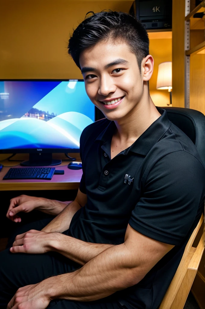 (best quality, 4K, 8k, high resolution, Masterpiece: 1.2), Special details, (realistically, As realistic as a photo, photo realistic: 1.37), Edge lighting, Extra detailed coloring, sharp focus, Physical rendering ,Extremely detailed description,professional,light color,Bokeh,Portrait,look at the viewer,
Young Asian man, 20 years old ,(Wearing a black polo shirt.), smile ,Computer room